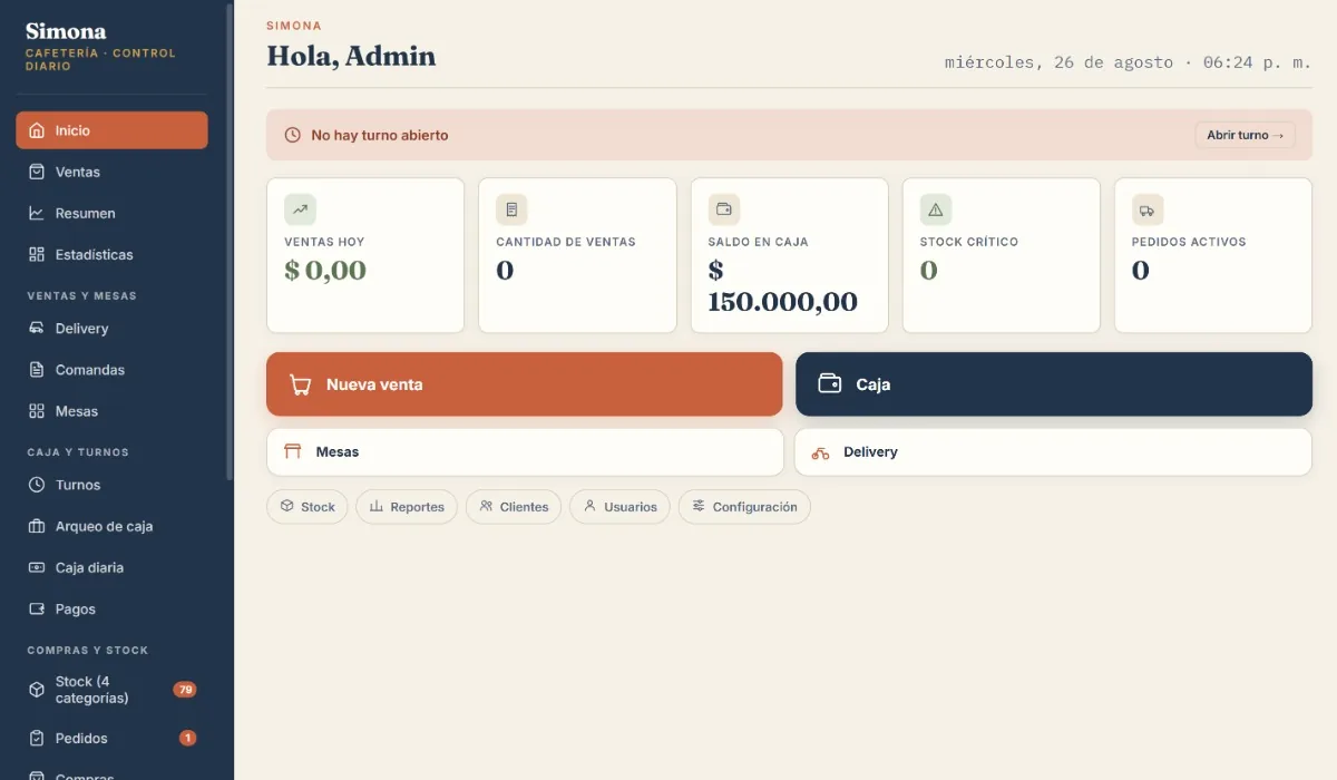 Panel de inicio de Simona, el sistema de gestión y punto de venta para cafeterías